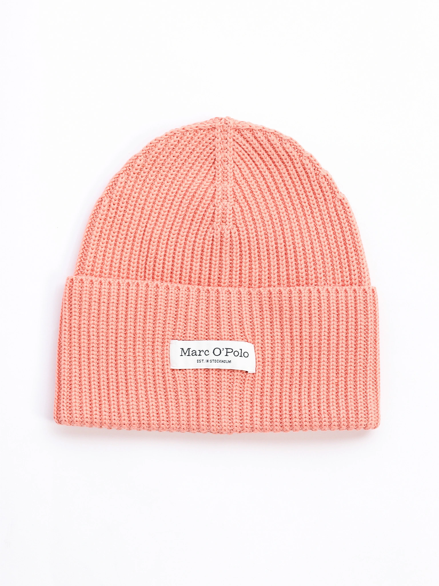 Шапка-бини кораллового цвета с отворотом из хлопка